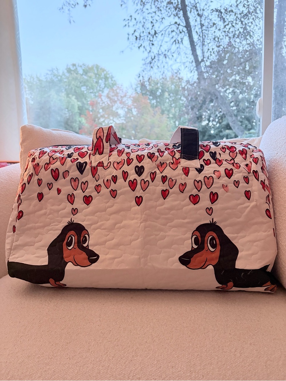 Quilted White Travel Duffel with Pink and Red Heart Print